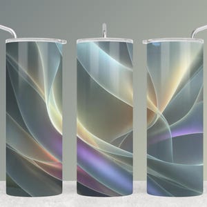 May include: Three stainless steel tumblers with abstract designs. Each tumbler features a swirling pattern of light blue, yellow, and purple hues. The tumblers have a silver lid and a silver straw.