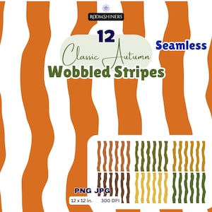 May include: A digital graphic featuring 12 seamless classic autumn wobbled stripes in various colors. The text reads ROOMSHINERS, 12 Classic Autumn Wobbled Stripes, Seamless, PNG JPG, and 12 x 12 in. 300 DPI. The background displays vertical orange wavy lines.