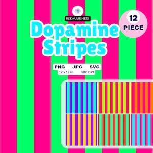 May include: A digital design featuring vertical stripes in bright pink and green. The text "Dopamine Stripes" is in a playful font. Includes a 12-piece set, 12 x 12 in. PNG, JPG, and SVG files at 300 DPI.