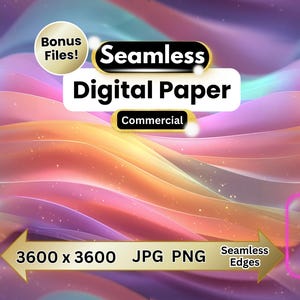 May include: Abstract digital paper design with flowing, layered shapes in shades of pink, orange, and purple. The image includes text that reads "Seamless Digital Paper Commercial" and "Bonus Files!" with dimensions of 3600 x 3600.