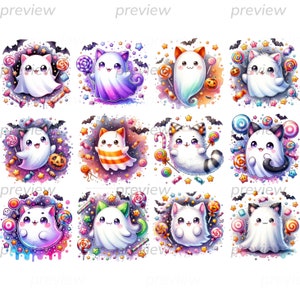 May include: Nine colorful illustrations of cute cartoon ghosts with different accessories and candy. The ghosts are surrounded by stars, bats, and candy. The background is a watercolor wash of pink, purple, and blue.