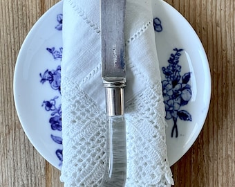 Butter Dish For One - Lovely Little Vintage Dish, with Victorian Handmade Napkin & Tiny Glass Handled Butter Spreader