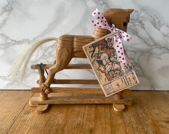 Vintage Little Solid Wooden Rocking Horse Toy, Complete with Vintage Nursery Theme Gift Tag, Ride a Cock-Horse
