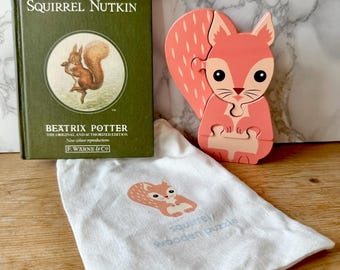 Xmas Gift, Charming Vintage Beatrix Potter Book, Squirrel Nutkin, with matching Traditional Wooden Puzzle Gift Set & Chocolate Coins