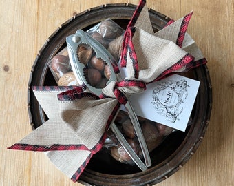 Mid-Century Nutcracker Set, Organic Whole Mixed Nuts complete with vintage 1960’s Bohemian Carved Wooden Bowl & Hessian Tartan Ribbon