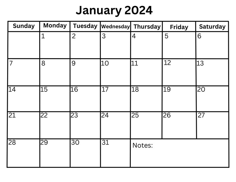 January 2024 Printable Calendar Digital Download PDF Etsy