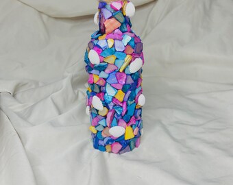 geplette schelpvaas, woondecoratie, zeemeerminkern, decoratieve vaas, kusthuisje, bloemenvaas, schelpen, stranddecor