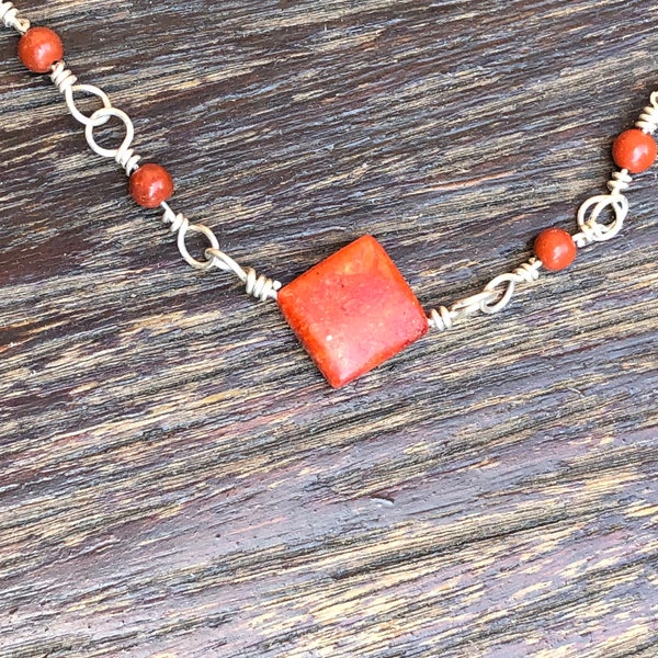 Handmade Sterling Silver Wire Wrapped Orange Sponge Coral and Red Jasper Necklace