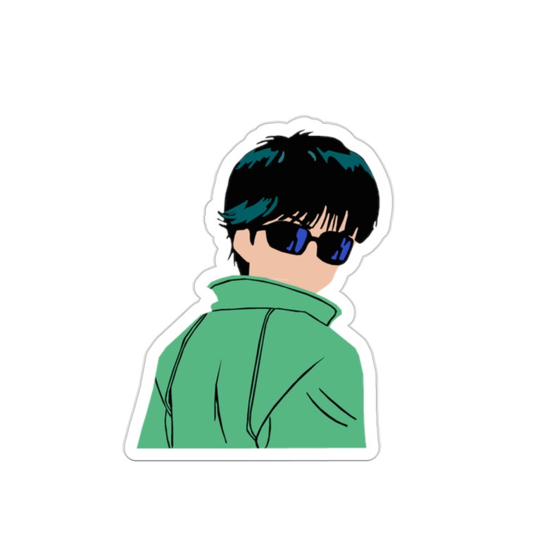 May include: A sticker featuring a stylized illustration of a person wearing sunglasses and a green jacket, looking over their shoulder. The person has black hair with teal highlights. The sunglasses have blue lenses.