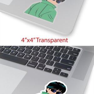 May include: A 4"x4" sticker featuring a cartoon illustration of a person wearing sunglasses and a green jacket. The sticker is available in transparent and white versions. The person has black hair and is wearing blue sunglasses.