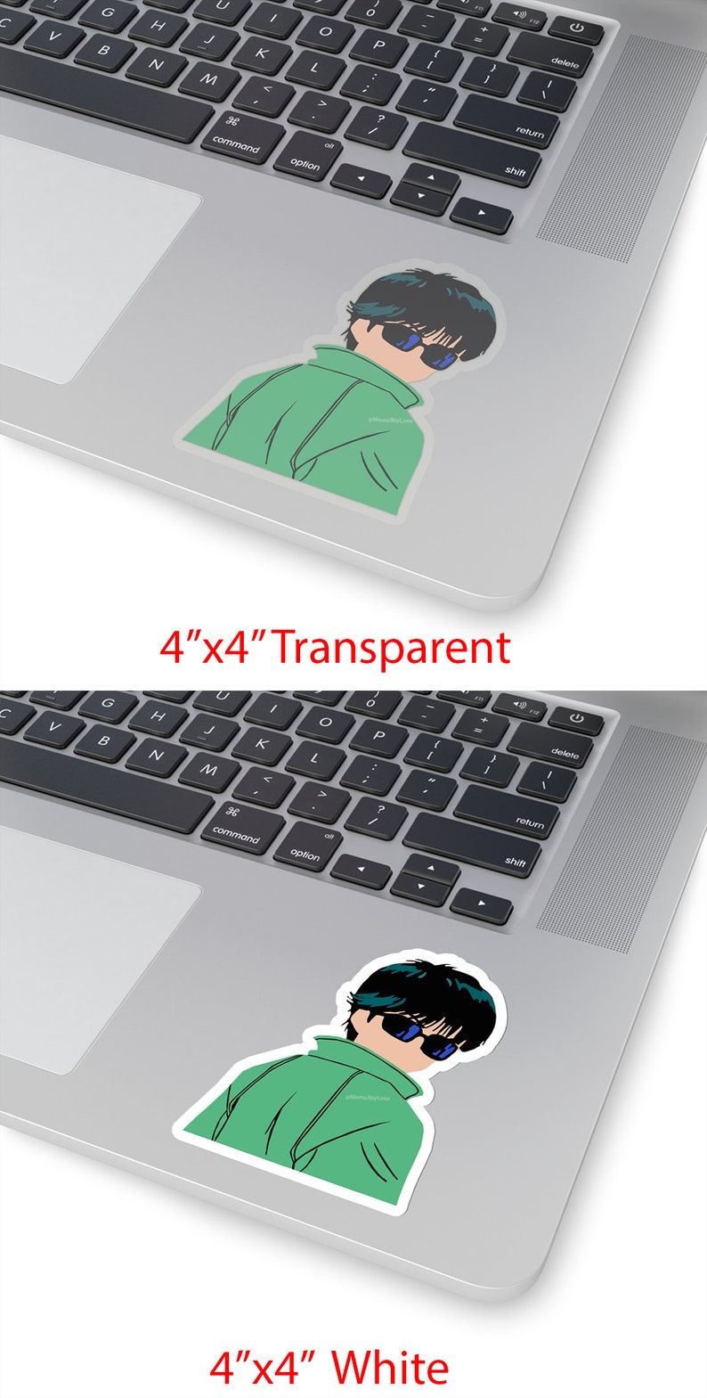 May include: A 4"x4" sticker featuring a cartoon illustration of a person wearing sunglasses and a green jacket. The sticker is available in transparent and white versions. The person has black hair and is wearing blue sunglasses.