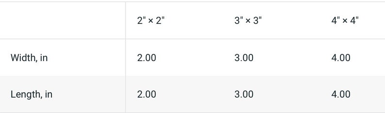 May include: A white table displays dimensions for various sizes. The sizes are 2" x 2", 3" x 3", and 4" x 4". The width and length are listed in inches, with corresponding measurements of 2.00, 3.00, and 4.00.