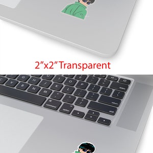 May include: A 2"x2" sticker featuring an anime-style character with black hair, sunglasses, and a green jacket. The sticker is available in transparent and white versions. The character is looking over their shoulder.