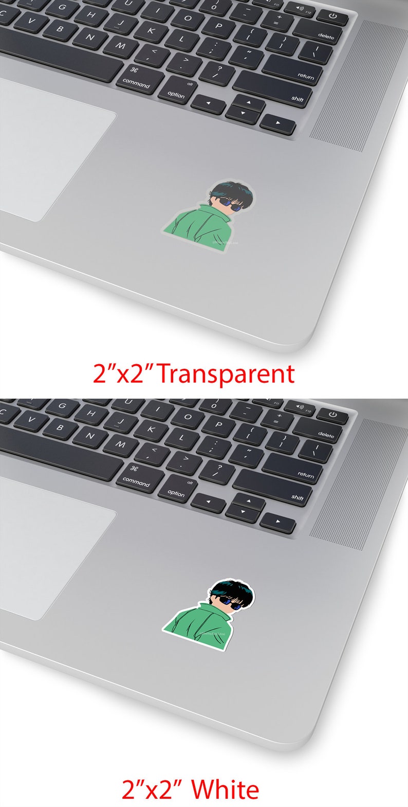 May include: A 2"x2" sticker featuring an anime-style character with black hair, sunglasses, and a green jacket. The sticker is available in transparent and white versions. The character is looking over their shoulder.