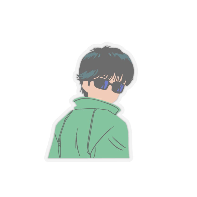 May include: A sticker featuring a stylized illustration of a person wearing sunglasses and a green jacket, looking over their shoulder. The person has dark hair and the sunglasses have blue lenses.