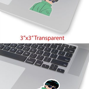 May include: A 3"x3" sticker featuring a cartoon illustration of a person wearing sunglasses and a green jacket. The sticker is available in transparent and white versions. The sticker is placed on a laptop.