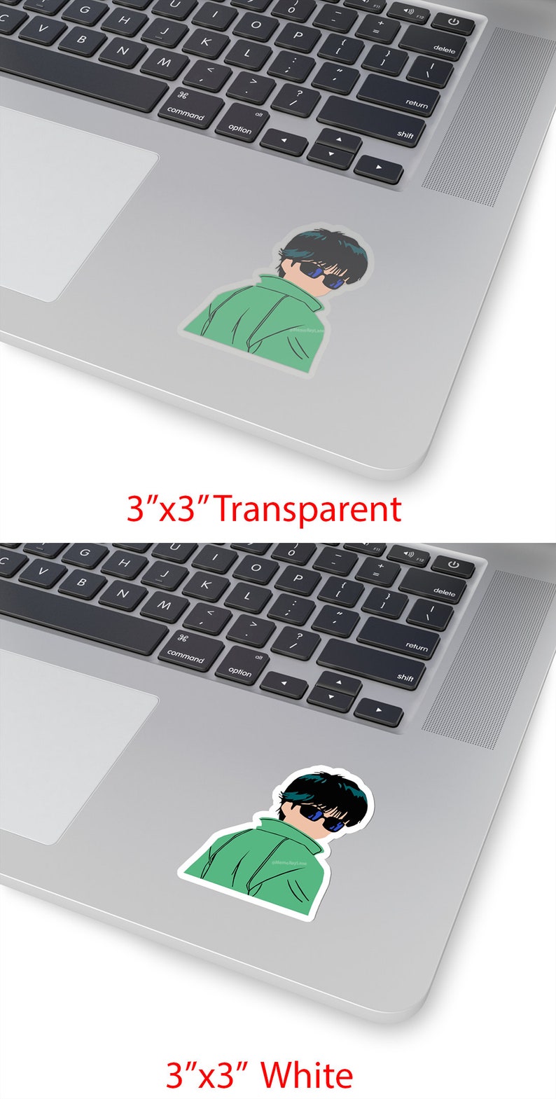May include: A 3"x3" sticker featuring a cartoon illustration of a person wearing sunglasses and a green jacket. The sticker is available in transparent and white versions. The sticker is placed on a laptop.