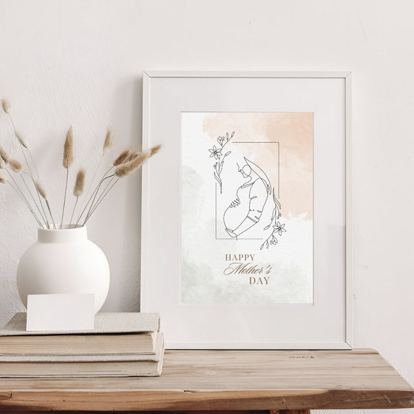 Happy mother's day-Digital download-Pregnant woman- Room decor- Flower wall art- Woman line- Mum gift- Floral mothers day