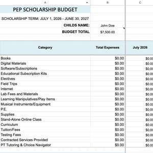 May include: A digital spreadsheet titled PEP SCHOLARSHIP BUDGET for the term July 1, 2026 to June 30, 2027. It lists categories like Books, Digital Materials, and Tuition/Fees with columns for monthly expenses from July 2026 through November 2026.