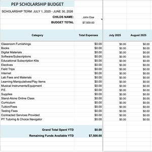 Florida PEP Scholarship Budget for Google Sheets