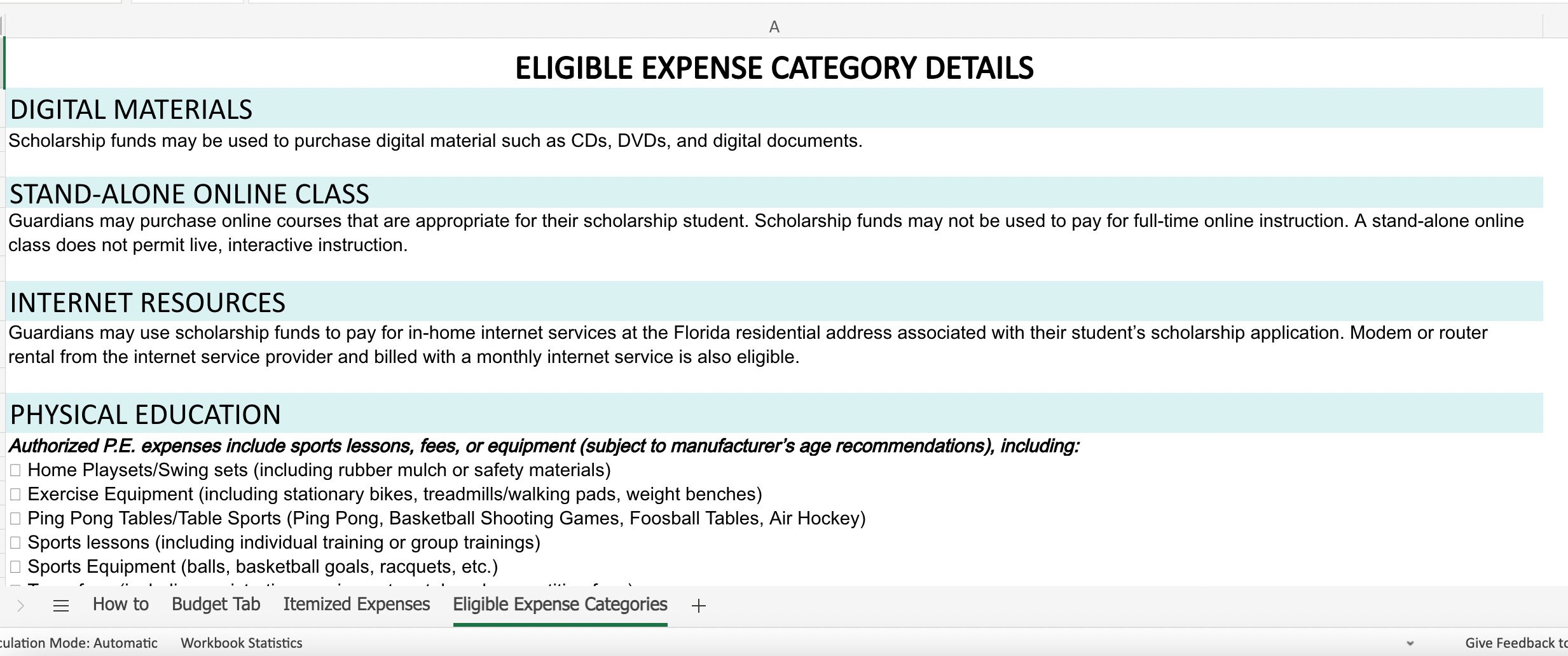 Florida PEP Scholarship Budget for Excel Etsy
