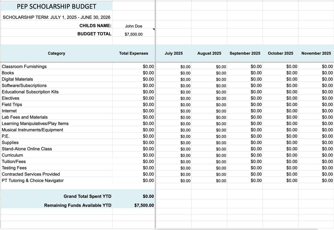 Florida PEP Scholarship Budget for Excel