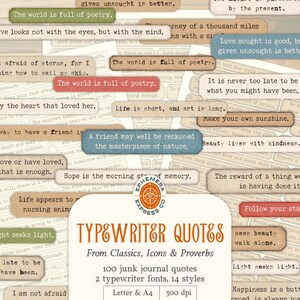 Junk Journal Inspirational Typewriter Quote Bundle, Printable Positive Scrapbooking Word Strips, Literary Vintage Ephemera, Digital Download