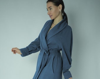 Peignoir chaud en jersey de coton bio bleu foncé / peignoir avec poches / peignoir pour femme / Kate