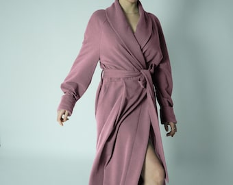 Peignoir long chaud en coton bio violet / Peignoir long avec poches / Peignoir long rose / Peignoir pour femme / Kate