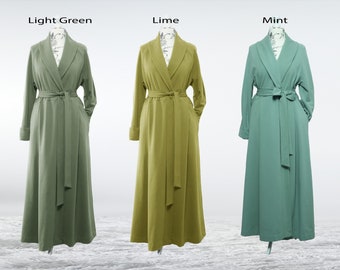 Warm organic Cotton floor length dressing gown / Long robe / Green Robe from Cotton/ Robes for Women / Home dress