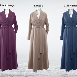 May include: Three long robes in different colours: blackberry, taupe, and dark blue. Each robe has a shawl collar, long sleeves, and a sash tie at the waist.