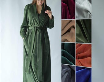Floor length Organic Cotton Velvet Robe / Velvet Dressing gown / Velour Long robe / Womens Velvet Robe / 100% cotton Velvet Green Robe