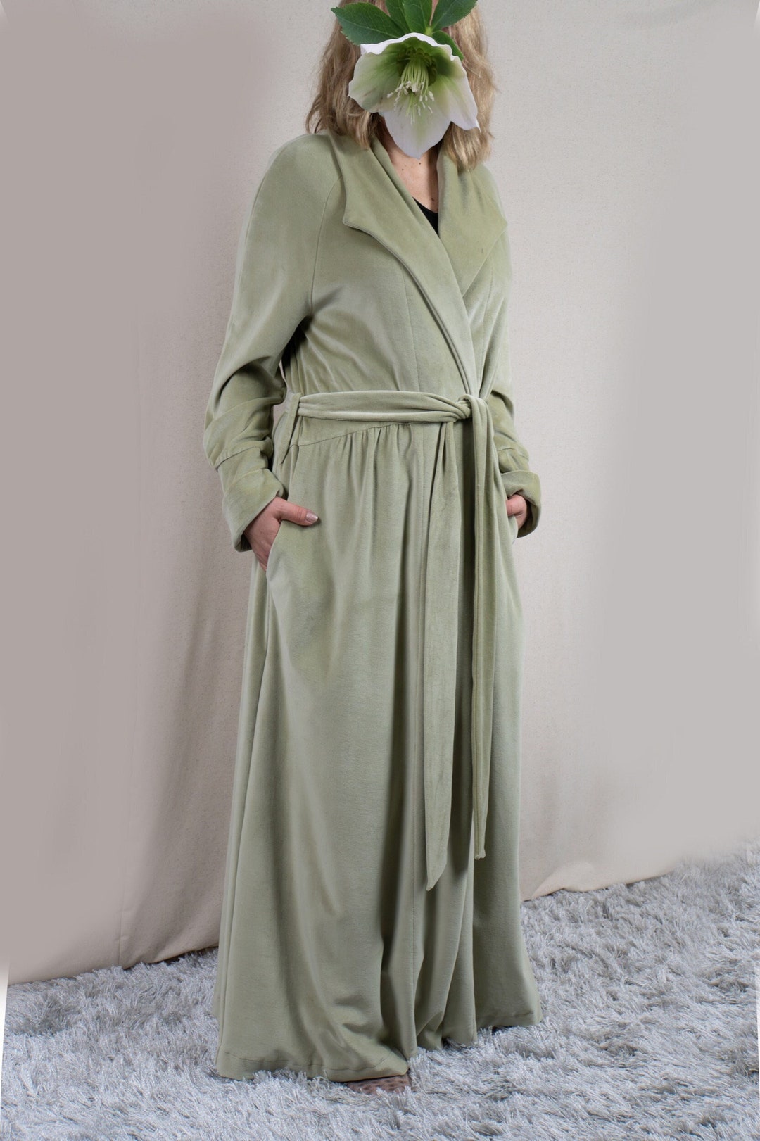Long Robe Velvet 100 Organic Cotton Light Green Pistachio NATALI
