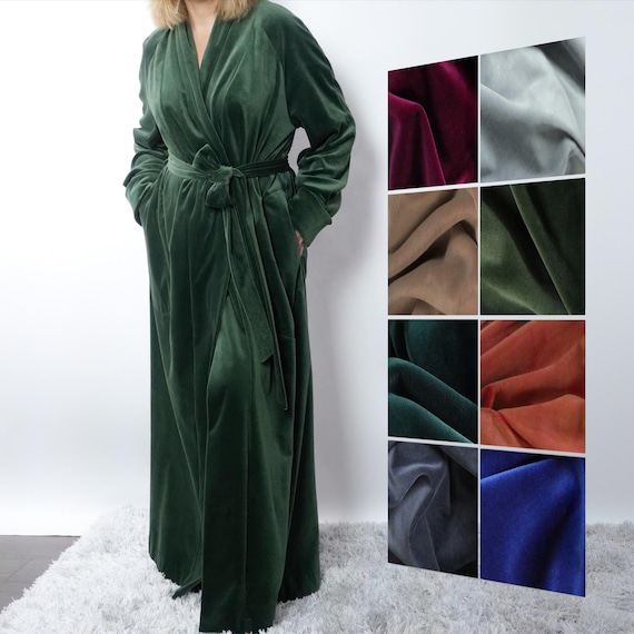 Organic Cotton Velvet Robe, Full Length Dressing Gown with Pockets, Extra Long bathrobe