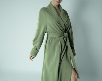 Peignoir long chaud en jersey de coton écologique Vert clair / Peignoir long au sol vert / Peignoir pour femme / Kate