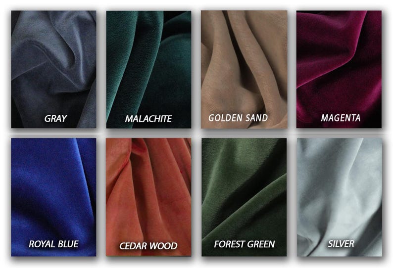 Pu&ograve; includere: Una collezione di otto campioni di tessuto in vari colori. I colori includono grigio, malachite, sabbia dorata, magenta, blu reale, legno di cedro, verde foresta e argento. Ogni campione &egrave; etichettato con il suo nome di colore.