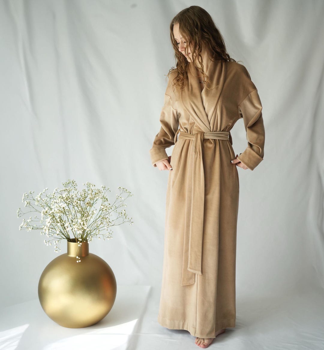 Long Velvet Robe Organic Cotton 100% / Velour Full Length Dressing Gown ...