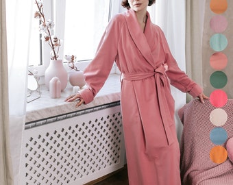 Long Soft Warm robe Organic Cotton / with pockets / floor length robe / amber  blue coral green pink beige mint / Cotton Robe for Women
