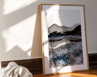 Black and White Moody Mountain Lake Illustrated Digital Art Print Download