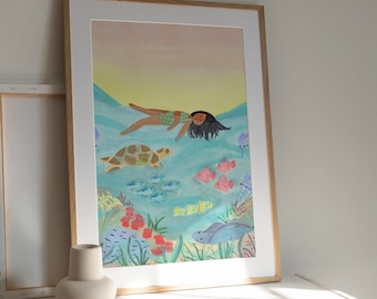 Ocean Swimming Girl with Colourful Sea Life Illustrated Digital Art Print Download