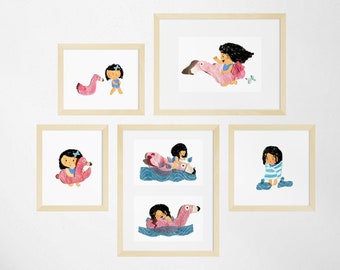 Swimming Girl with Flamingo Floatie Illustrated Series Digital Art Print Download