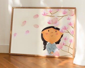 Magnolia Flower Girl Illustrated Digital Art Print Download