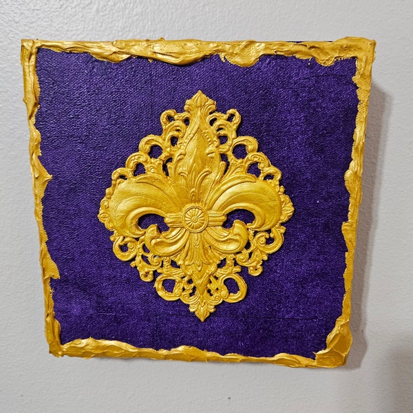 Gold Fluer-di-lis Clay on Purple Decoupage Canvas Wall Art