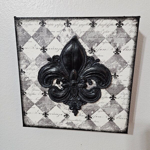 Black Fluer-di-lis Clay and Decoupage Canvas Wall Art