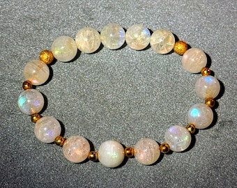 RARE! Madagascar Rainbow Moonstone - Genuine High Quality Collection Grade Crystal Bracelet with Gold Tone Accents