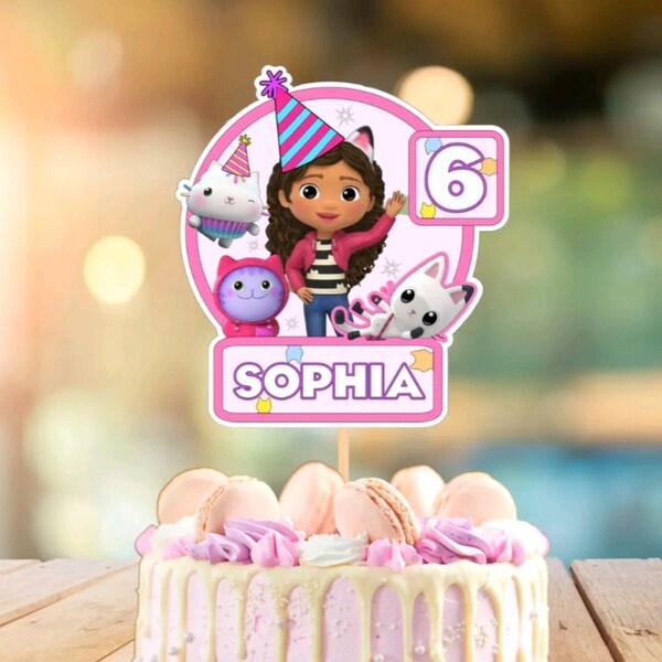 Gabby Doll house Cake Topper Girl Cakey Personalised Name Age Glitter Backed