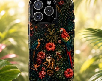 Tropical Garden Tapestry MagSafe Case I Monkey and Parrots Magsafe Case I MagSafe Compatible Dual Layer Protective Phone Case