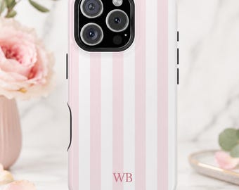 Personalized Pink Stripe Magsafe Phone Case I Pink Vertical Stripe Monogram Phone Case I MagSafe Compatible Dual Layer Protective Phone Case