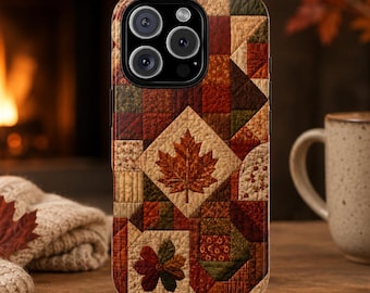 Autumn Patchwork Quilt Phone Case, Quilted Maple Leaf Phone Case - Tough Dual Layer Protective Phone Case for iPhone, Galaxy and Pixel