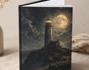 Moonlit Lighthouse Journal | Coastal Lighthouse Hardcover Notebook | Nautical Celestial Journal | 5x8 Matte Hardcover Lined Journal